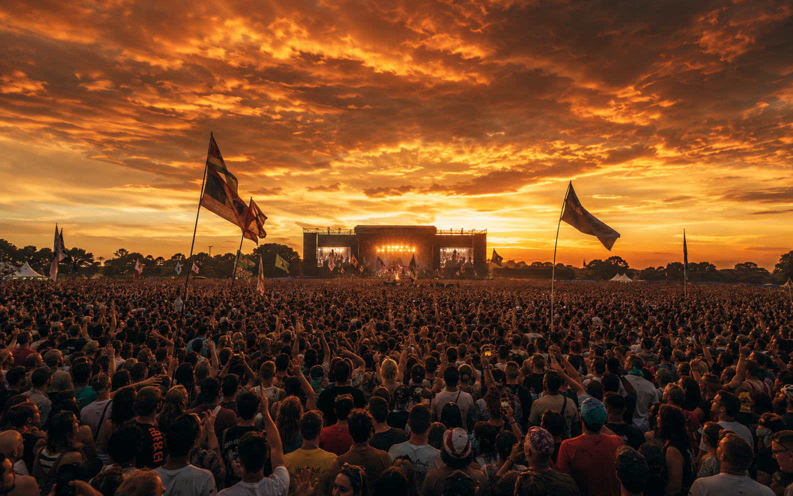 A festival crowd at sunset with stage lights