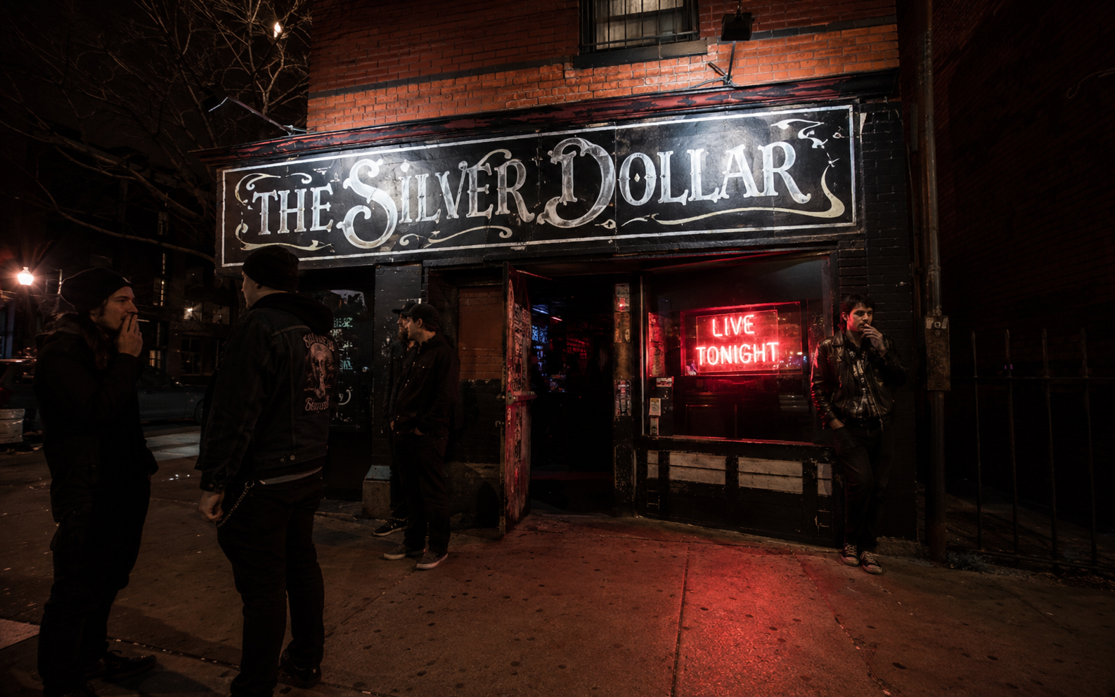 An independent music venue exterior at night