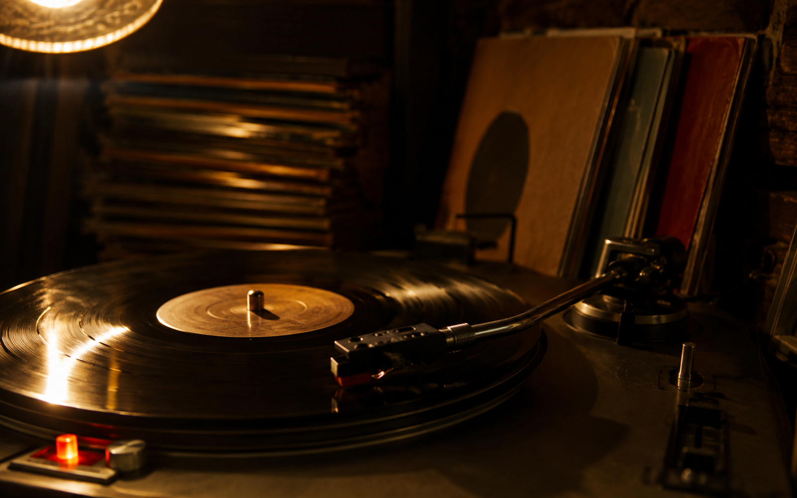 Vinyl records and a turntable in a recording studio